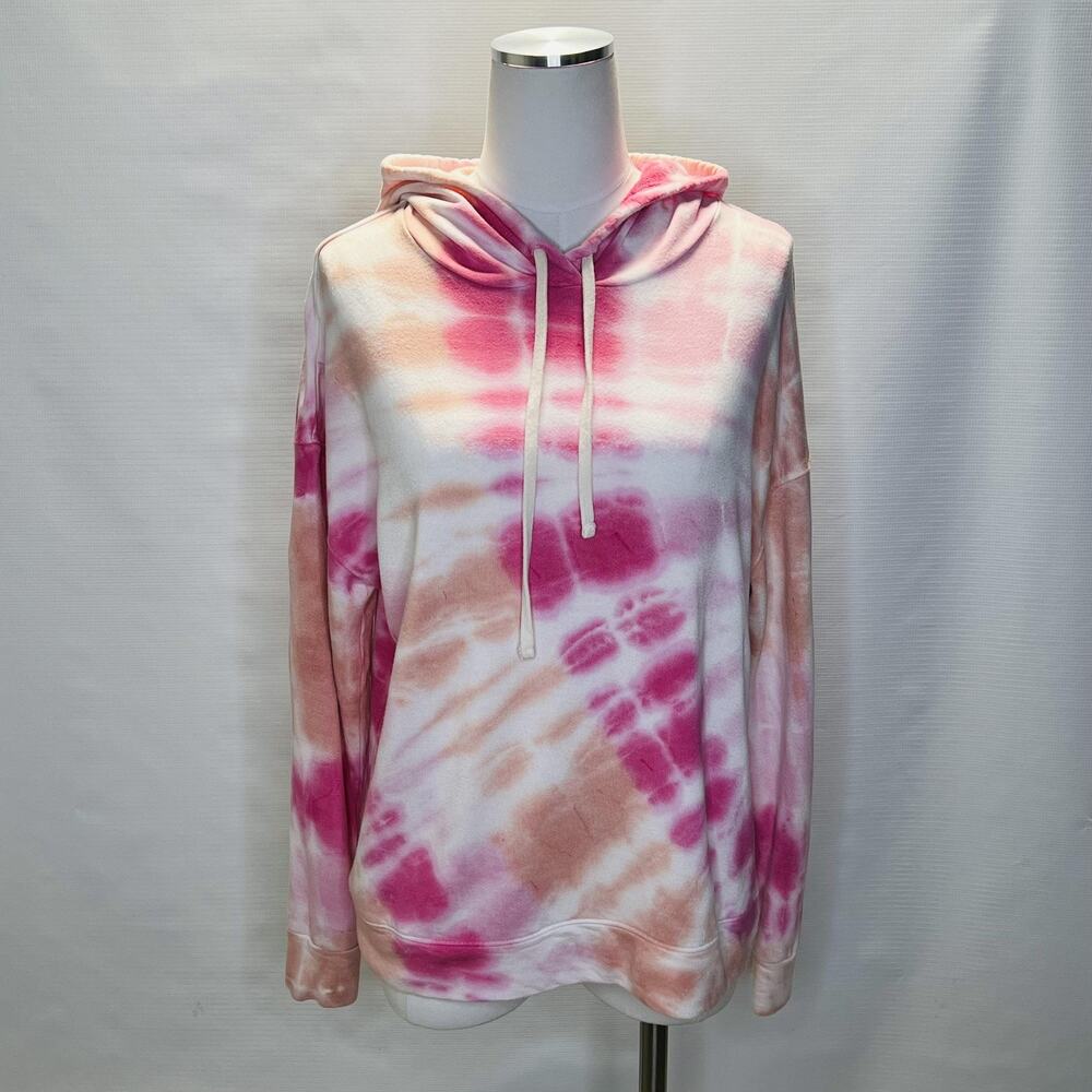 Sundry Hoodie Womens Size 2 Pink White Tie Dye Pullover Sweatshirt Made USA Cozy